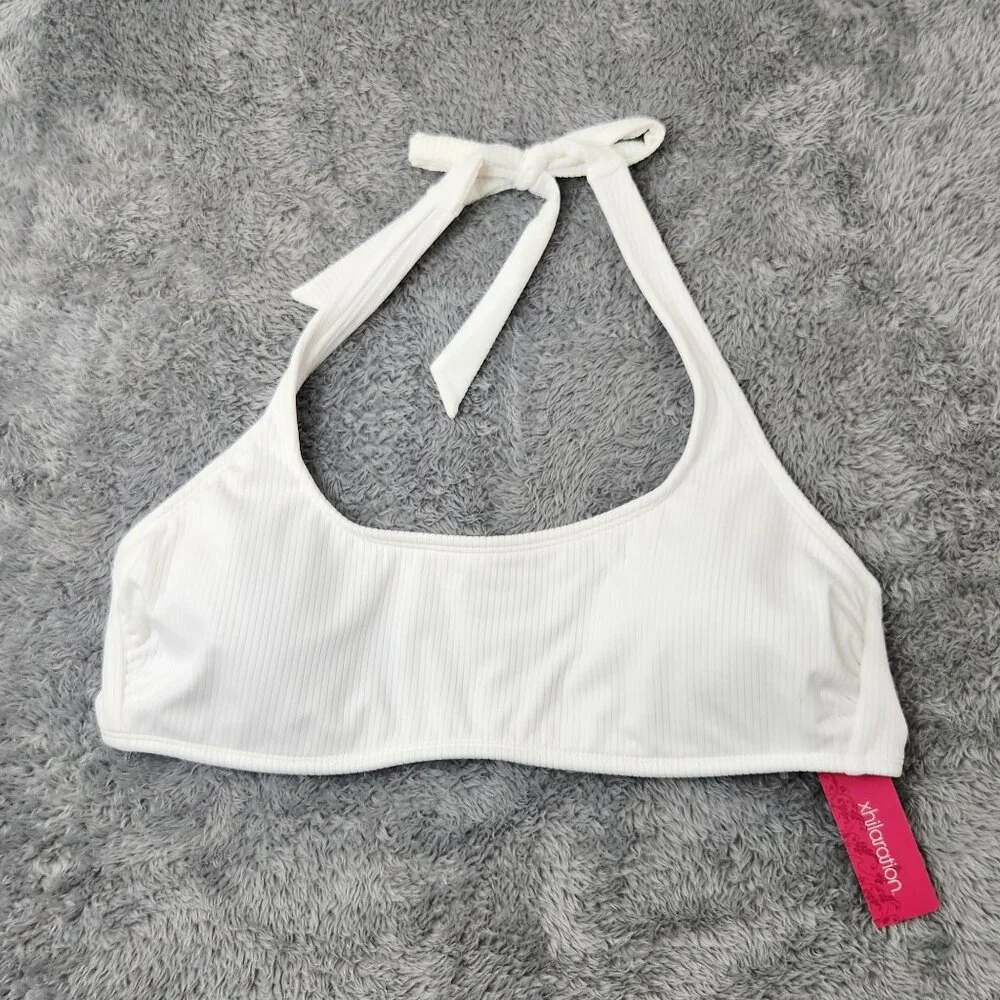 Xhilaration Halter Bikini Top Juniors XL 12-14 White Ribbed‎ Adjustable Back